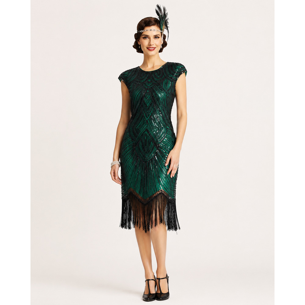 BABEYOND Gatsby Flapper 1920s Emerald Green Fringe Dress Beaded Ethereal Medium
